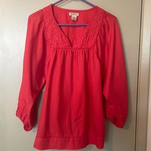 Lucky Brand Red V-Neck Embroidered Peasant Blouse